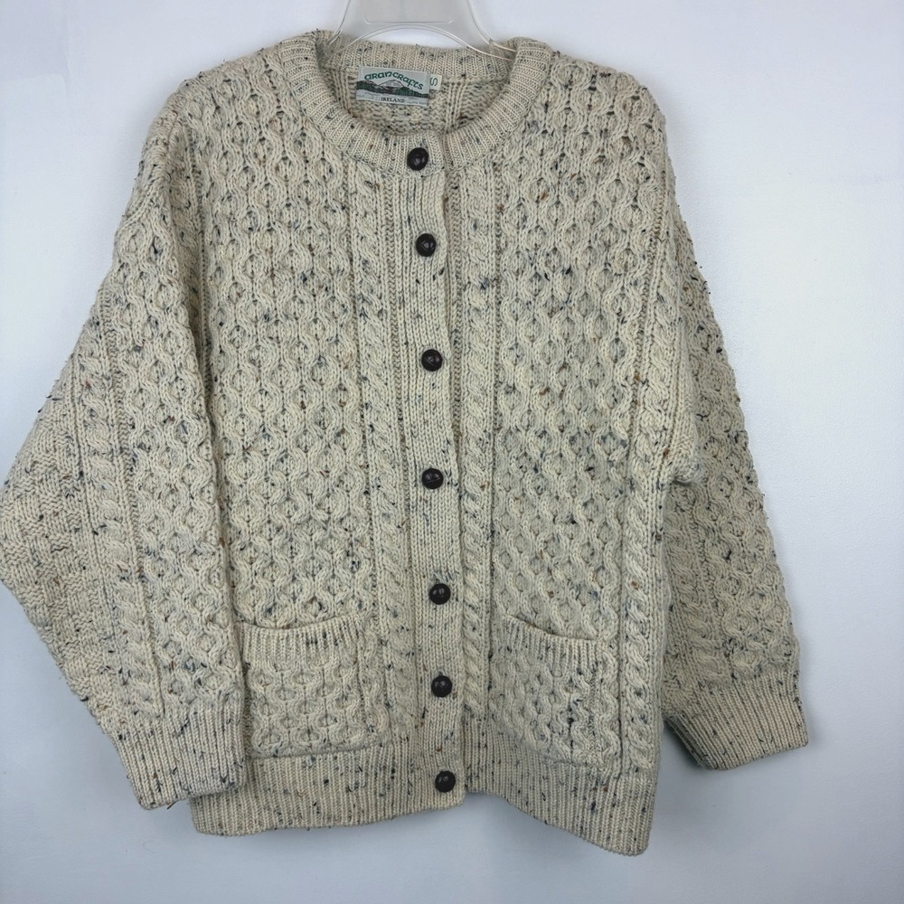 Aran Crafts Ireland Cardigan Sweater Womens Small Merino Wool Ivory Cable Knit